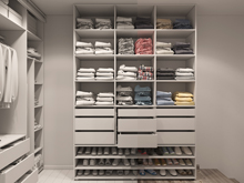 3D render of the wardrobe room in light tones. Render without textures and shaders